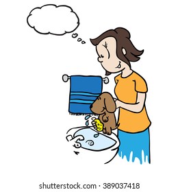 Mom With Thought Bubble Washing A Dog Cartoon