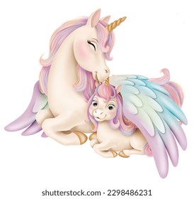 Mom unicorn carefully covered the newborn cub with a rainbow wing. Isolated illustration. Perfect for design of children posters, textiles, invitations for baby shower and birthday, greeting cards - Powered by Shutterstock