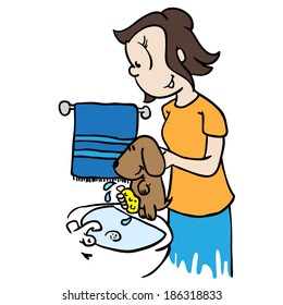 Mom Washing A Dog Cartoon Illustration