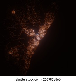 Mombasa (Kenya) Street Lights Map. Satellite View On Modern City At Night. Imitation Of Aerial View On Roads Network. 3d Render, High Resolution