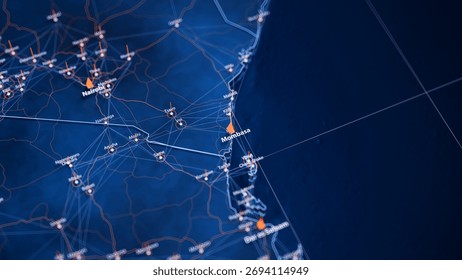 Mombasa map big data visualization. Futuristic map infographic of city in Kenya. Visual map data complexity in modern blue and orange colors. 3D Illustration