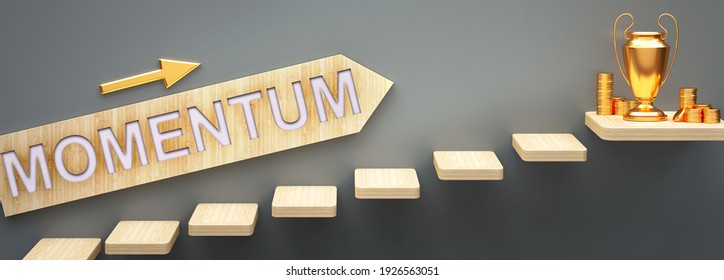 Momentum Leads To Money And Success In Business And Life - Symbolized By Stairs And A Momentum Sign Pointing At Golden Money To Show That Momentum Helps Becoming Rich, 3d Illustration