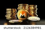 Monero with group of coins on the black background. Decentralized digital cryptocurrency symbol. 3D illustration.