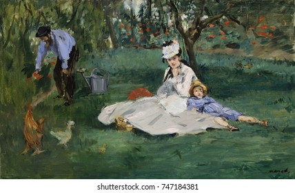 Monet Family in Their Argenteuil Garden, by Edouard Manet, 1874, French impressionist oil painting. Manet and Renoir were guests of Monet when this work was painted. When not posing, Monet painted Man