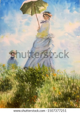 “Madame Monet and her son”, a female holding a parasol stands on top of a hill with a little boy. Blue sky, sunny day. Watercolor technique. No signature in the painting. Hand-painted by Applepy.