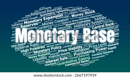Monetary Base Word Cloud. Composition Of Concepts Related To Money Supply, Central Bank Reserves, Inflation, Liquidity, And Policy In Macroeconomic Analysis.