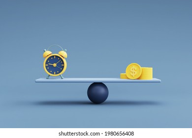 Money And Alarm Clock On A Balance Scale,Financial Concept,asset Growth Over Time,Time Value Of Money.3d Rendering.