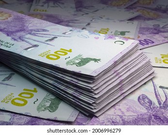 Money of Argentina. Argentine peso bills. ARS banknotes. 100 pesos. Business, finance, news background. 3d illustration.