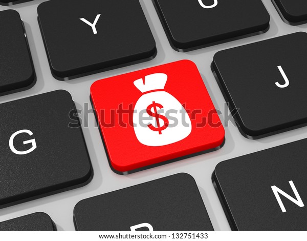 Money bag with dollar sign key on keyboard\
of laptop computer. 3D\
illustration.
