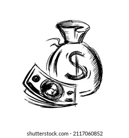 Money Bag. Dollar Sketch. Currency - Hand Drawn Illustration. Finance In Business And Economics. Big Savings