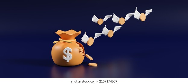 Money Bag Has Leaks And Gold Coin Wings Flying Away, Spend Money Concept, Business Finance Management Concept, Lose Money From Investment Mistake, Money Bundle, 3d Rendering Illustration