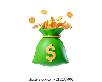 Money Bag Icon. Full Green Money Bag With Dollar Icon And Flying Coins. 3d Render
