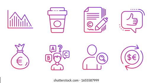 Money Bag, Quiz Test And Investment Graph Line Icons Set. Find User, Like And Takeaway Coffee Signs. Copywriting, Money Currency Symbols. Euro Currency, Interview. Business Set.