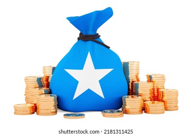 Money Bag With Somali Flag And Golden Coins Around, 3D Rendering Isolated On White Background