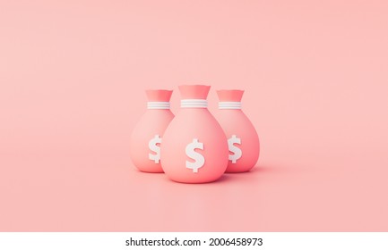 Money Bags Icon Minimal Illustration. Money Saving Concept. Difference Money Bags On Pink Background. 3D Rendering.