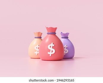 Money bags icon  money saving concept  Difference money bags pink background  3d render illustration