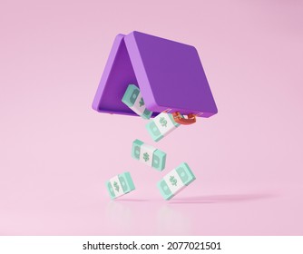 Money Banknote Dollar Falling Out Of A Purple Suitcase On Pink Background. Minimal Cartoon Cute Smooth. 3d Render Illustration