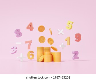 Money and basic math operation symbols math, plus, minus, multiplication, number divide on pink background. Mathematic calculate Finance education concept. minimal style. 3D render