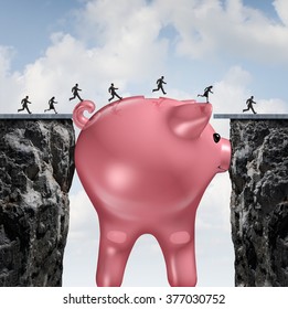 Money Bridge Financial Concept As A Huge Piggy Bank Closing The Gap Between Two Cliffs As A Finance Metaphor For Budget Solution Or Economic Assistance And Investment To Go Forward.