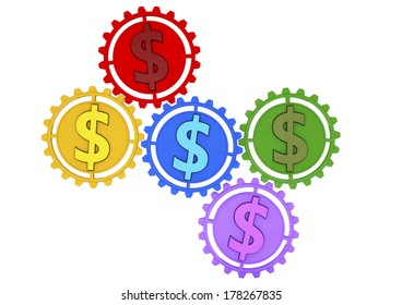 Money concept 3d icon with five gears and dollar colored sign, business or economy metaphor,