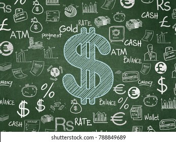 Money Concept: Chalk Blue Dollar Icon On School Board Background With  Hand Drawn Finance Icons, School Board