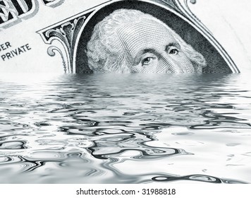 Money Concept Showing US Dollar Sinking In Water