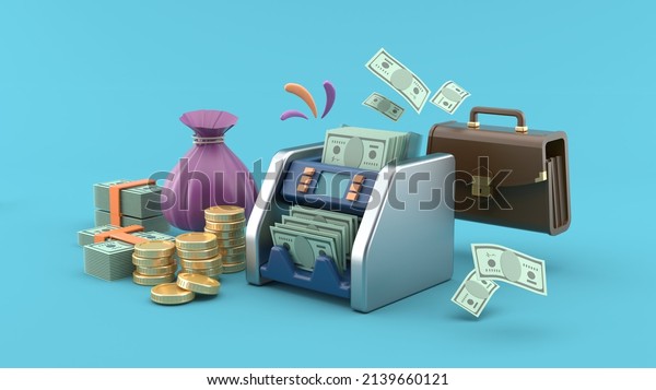 money counter\
surrounded by money bags, gold coins, banknotes and business bags\
on a blue background.soft pop Illustration style for business and\
finance.-3d\
rendering