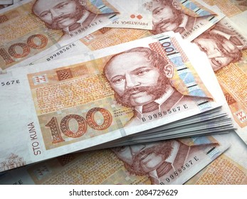 Money of Croatia. Croatian kuna bills. HRK banknotes. 100 euro. Business, finance, news background. 3d illustration.