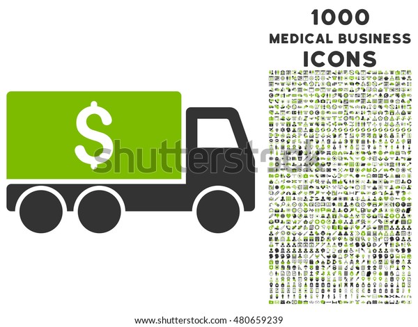 Money Delivery glyph bicolor icon with 1000\
medical business icons. Set style is flat pictograms, eco green and\
gray colors, white\
background.