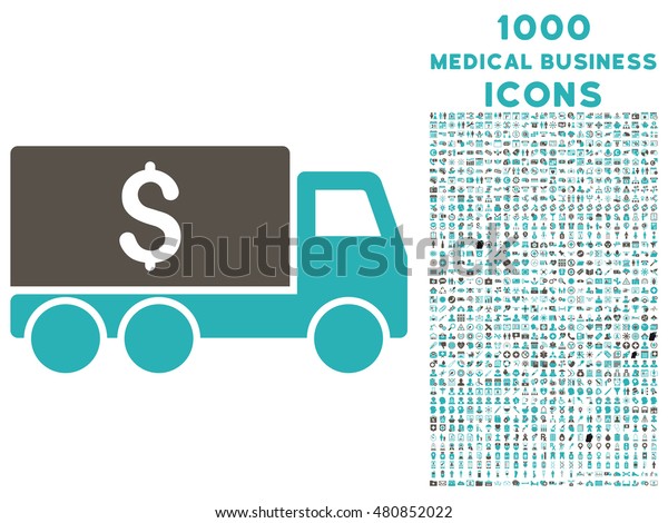 Money Delivery glyph bicolor icon with 1000\
medical business icons. Set style is flat pictograms, grey and cyan\
colors, white\
background.