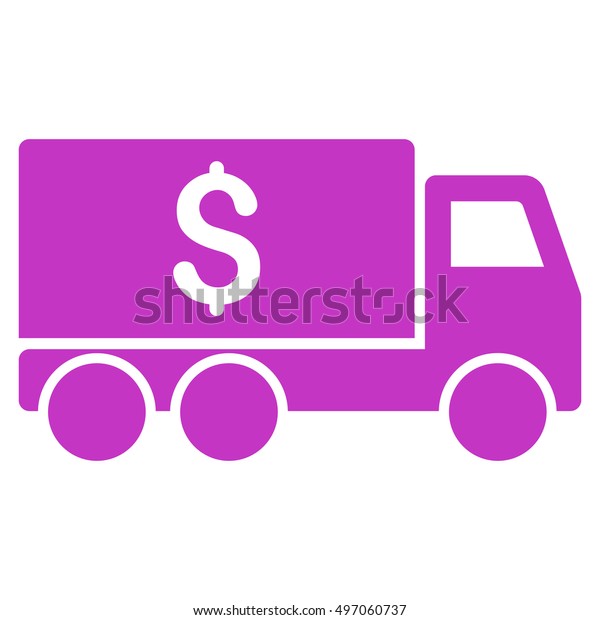 Money Delivery\
icon. Glyph style is flat iconic symbol with rounded angles, violet\
color, white\
background.