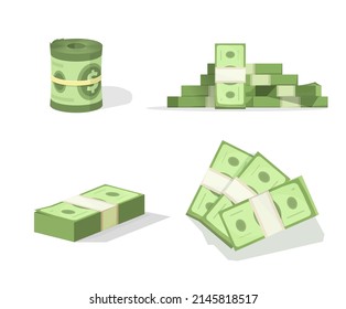 Money Dollar Stack Set With Cash Bunch Roll And Paper Currency Heap Clipart Isolated On White Background Flat Cartoon Illustration, American Us Bankroll Green 3d, Top View And Isometric