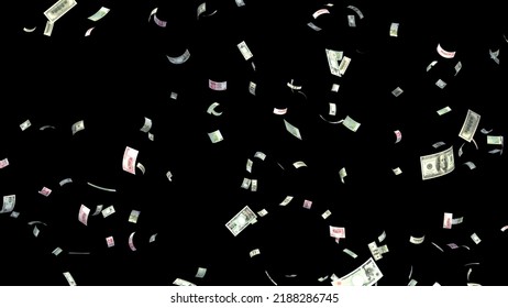 Money falling in black background 3D illustration.