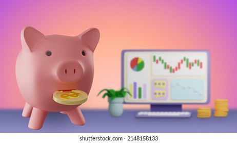 Money, Finance, Income, Profit, Savings. A Piggy Bank Next To The Computer. Diagrams On The PC Monitor. Cash Flow Analysis. Budget Planning. Financial Literacy. 3d Image