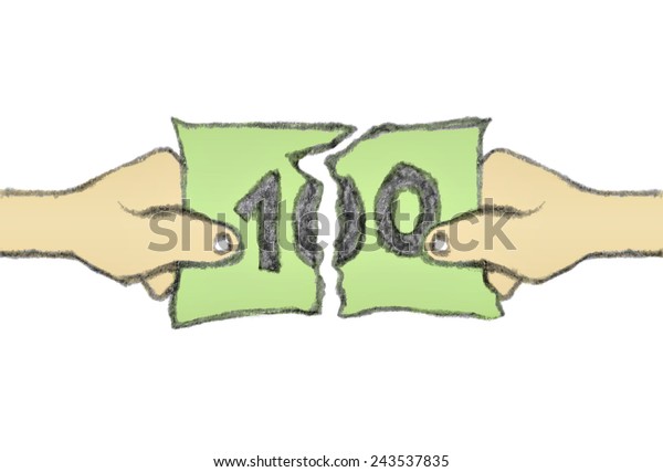 Money of financial concept hand draw raster\
illustration showing two hands breaking a one hundred dollar bill\
in white\
background.