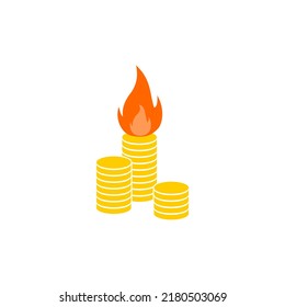 Money And Fire Icon. Worthless Money And Inflation Logo Isolated On White Background