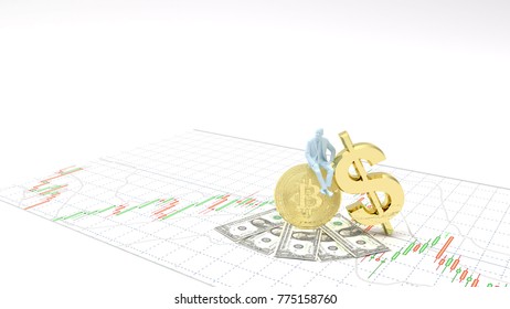 Money and gold bitcoin make Profit ,investment stock market candlestick graph 3D Illustration money chart indicator copy space minimal concept