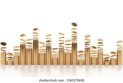 Money gold coins shape sound wave rhythm concept. Stacked into vertical layers and long rows on white background. Strategic of investment economy and business. clipping path. 3D Illustration.
