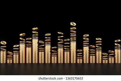 Money gold coins shape sound wave rhythm concept. Stacked into vertical layers and long rows on black background. Strategic of investment economy and business. clipping path. 3D Illustration.