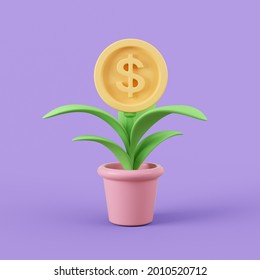 Money Growth 3d Illustration. Plant With Dollar Coin.