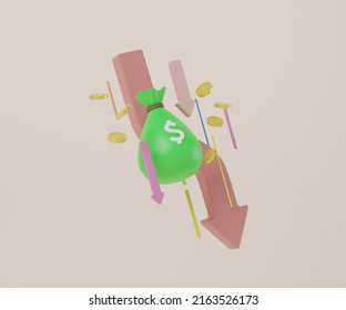 Money Loss 3d Render Concept, Illustration Of Cash Shack And Coin With Down Arrow, Background Isolated