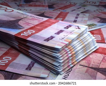 Money of Norway. Norwegian krone bills. NOK banknotes. 100 kroner. Business, finance, news background. 3d illustration.