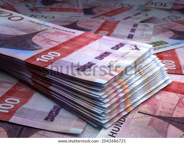 Money of Norway. Norwegian krone bills. NOK\
banknotes. 100 kroner. Business, finance, news background. 3d\
illustration.