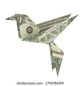 Money Origami Business Or Economics Concept. Dollar Bird Made From American One Dollar Bill. Paper Art. 3D Illustration