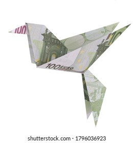 Money Origami Business Or Economics Concept. Euro Bill Bird. 3D Illustration. Paper Banknote Art. 