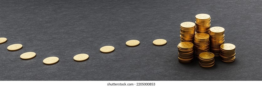 Money Path To Stacks Of Coins On Dark Background With Copy Space 3D Render Illustration, Savings Money Concept