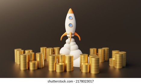 Money Piled Up And Rocket Taking Off Representing Business Success. 3d Rendering.