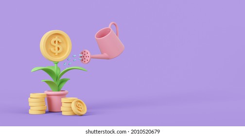 Money Plant With Watering Can Composition. Money Growth 3d Illustration.