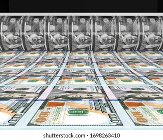 Money Printing 100 US Dollar Banknotes. 3D Rendering