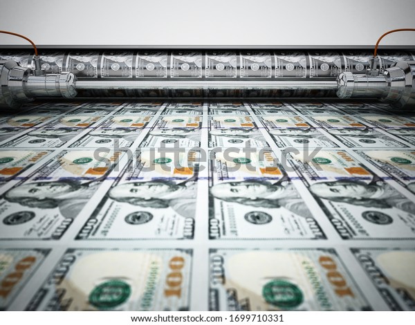 Money printing machine printing 100 dollar\
banknotes. 3D\
illustration.